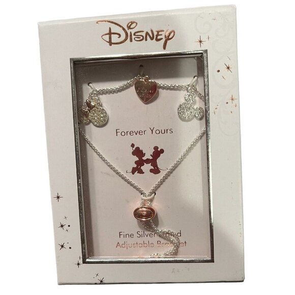 Disney's Mickey Mouse & Minnie Mouse Two Tone Crystal Heart Charm Bracelet - Picture 1 of 4
